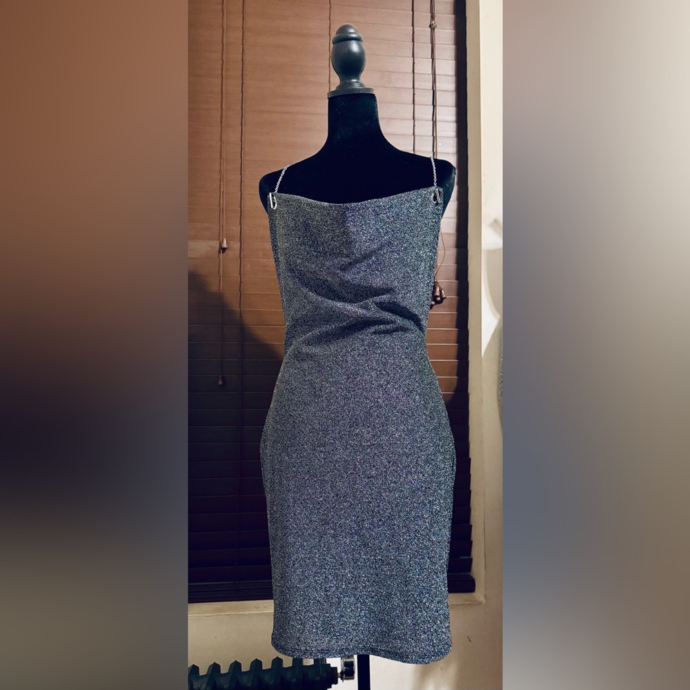 Silver Glitter Bodycon Backless Mini Dress Silver Strappy  Party Cocktail